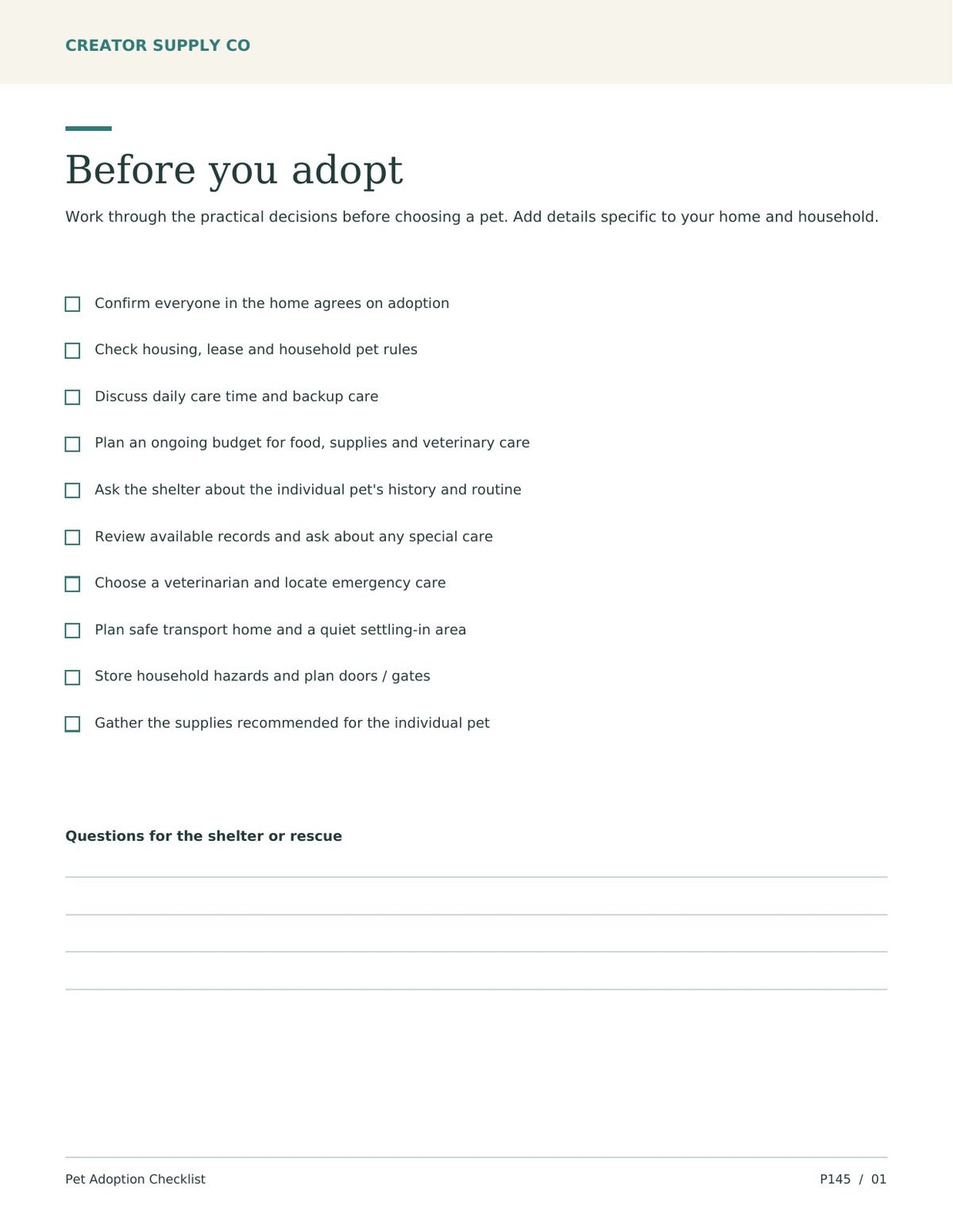 Pet Adoption Checklist – printable PDF pages preview