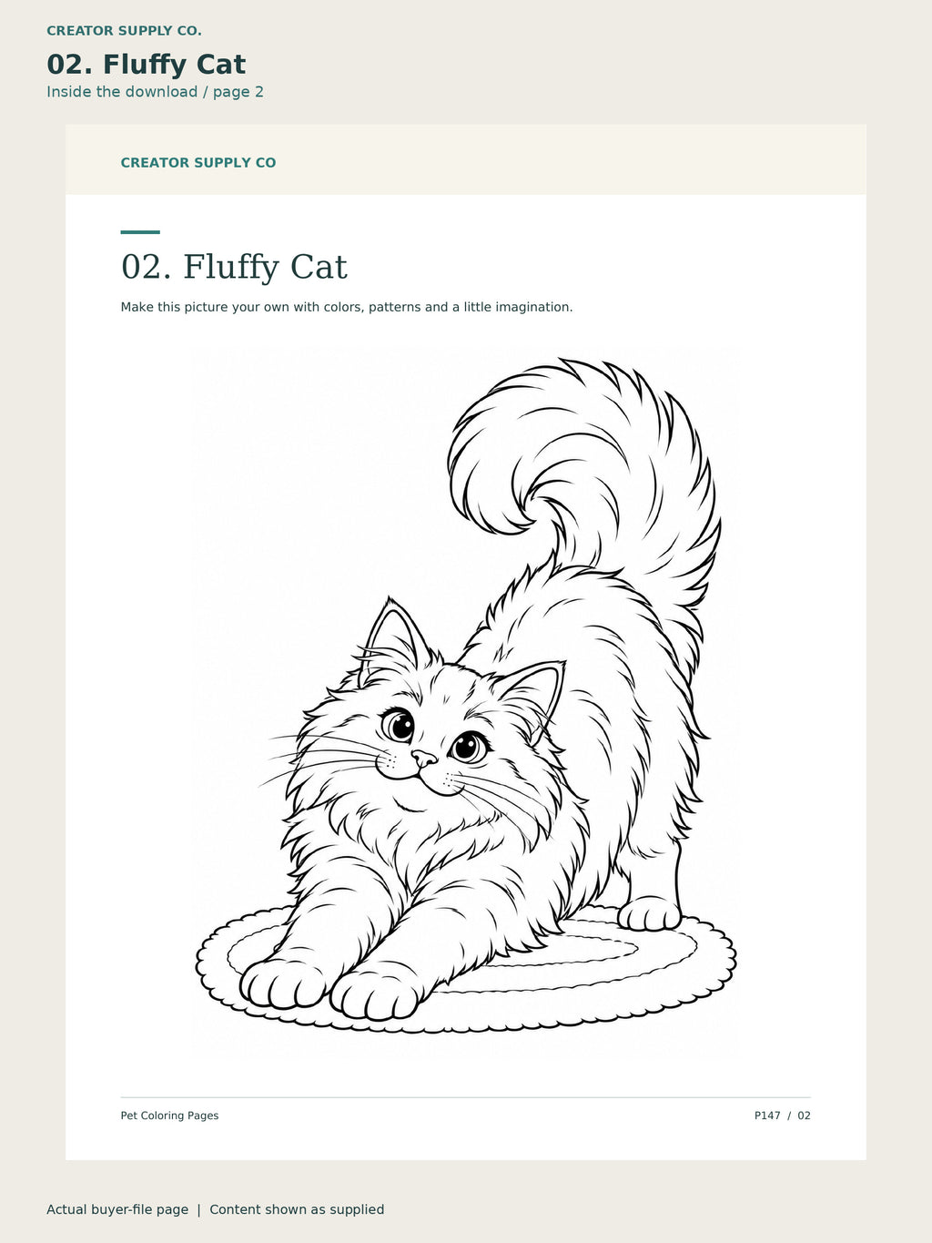 Page 2 from Pet Coloring Pages, showing 02. Fluffy Cat.
