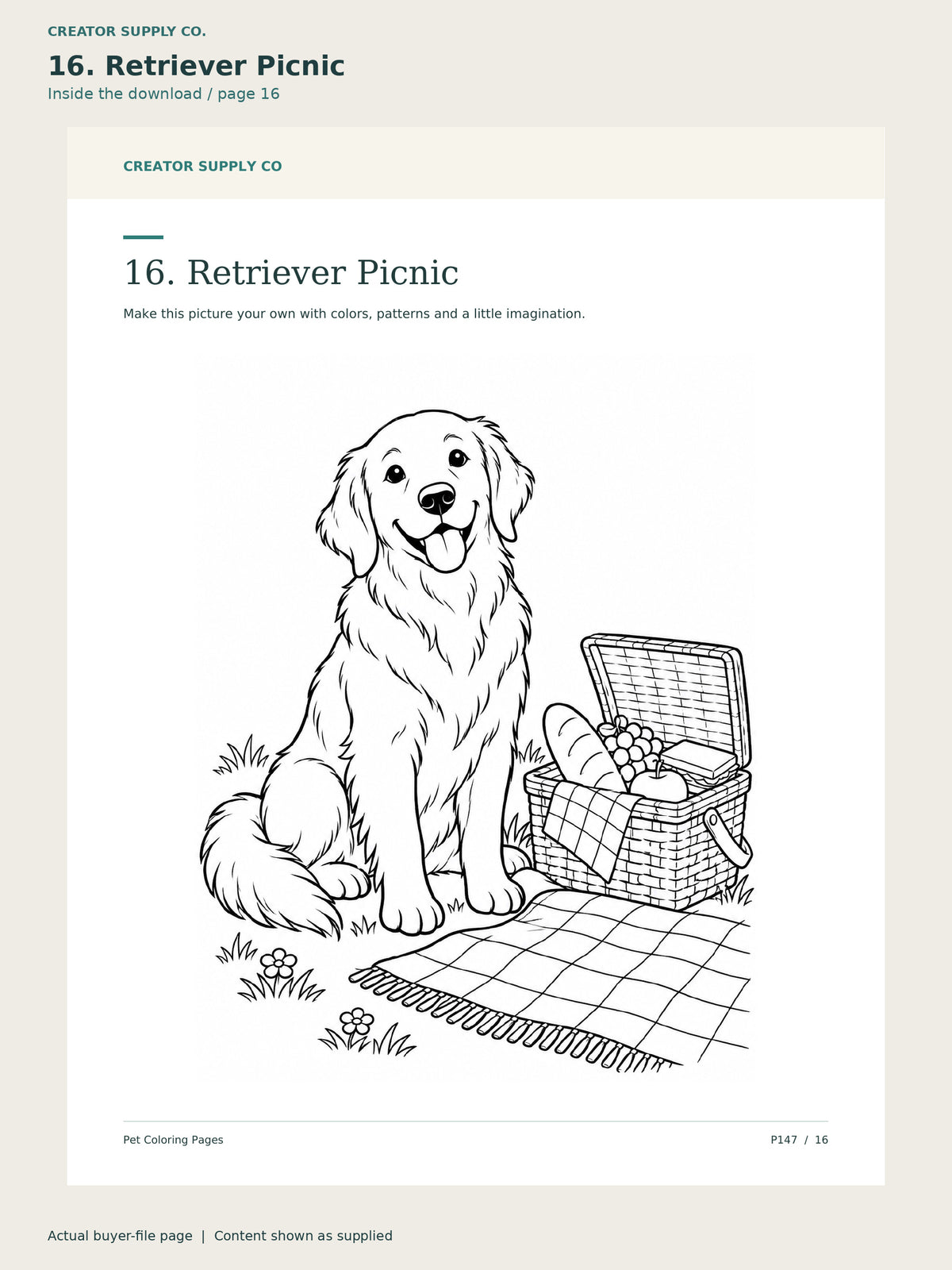 Page 16 from Pet Coloring Pages, showing 16. Retriever Picnic.