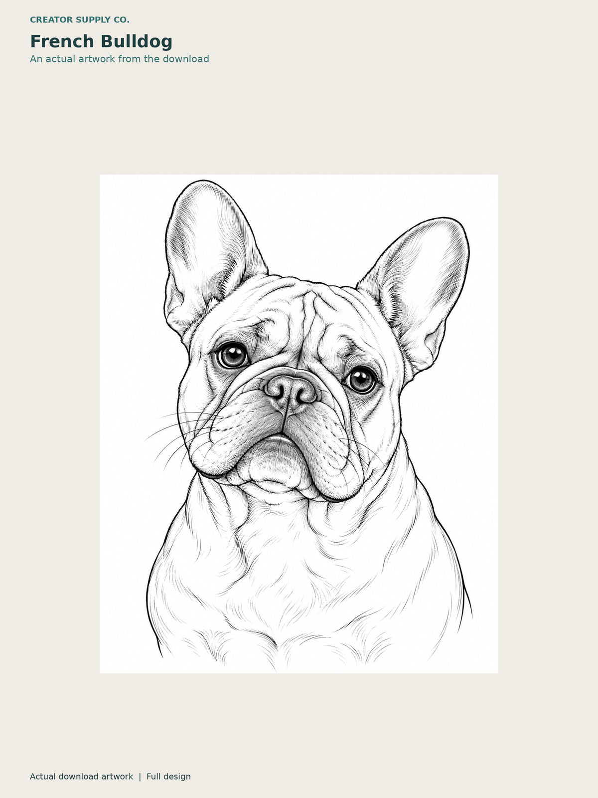 Pet Portrait Wall Art (breed prints) – black-and-white French Bulldog portrait with upright ears and a white background