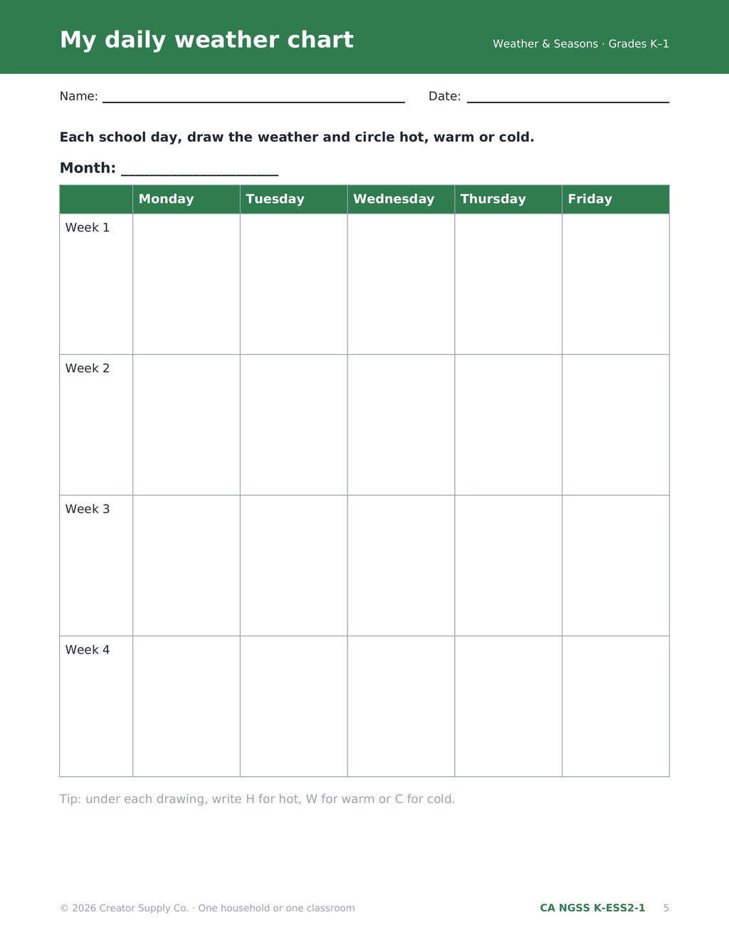 My daily weather chart: a 4-week grid for kindergarten and first grade to draw each day's weather (CA NGSS K-ESS2-1)
