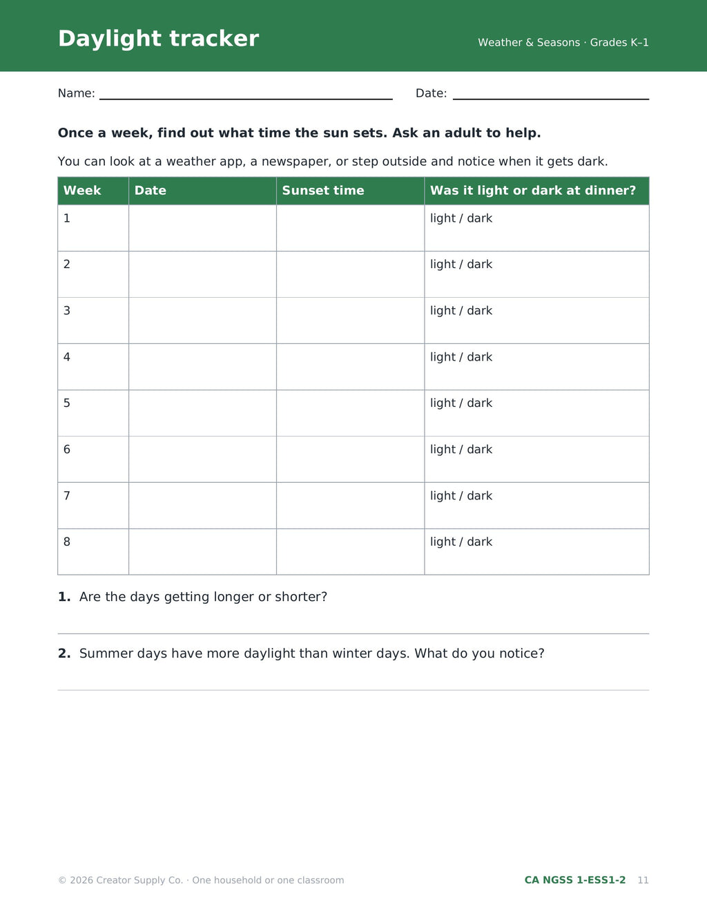 Daylight tracker worksheet to record weekly sunset times and compare day length across seasons (CA NGSS 1-ESS1-2)