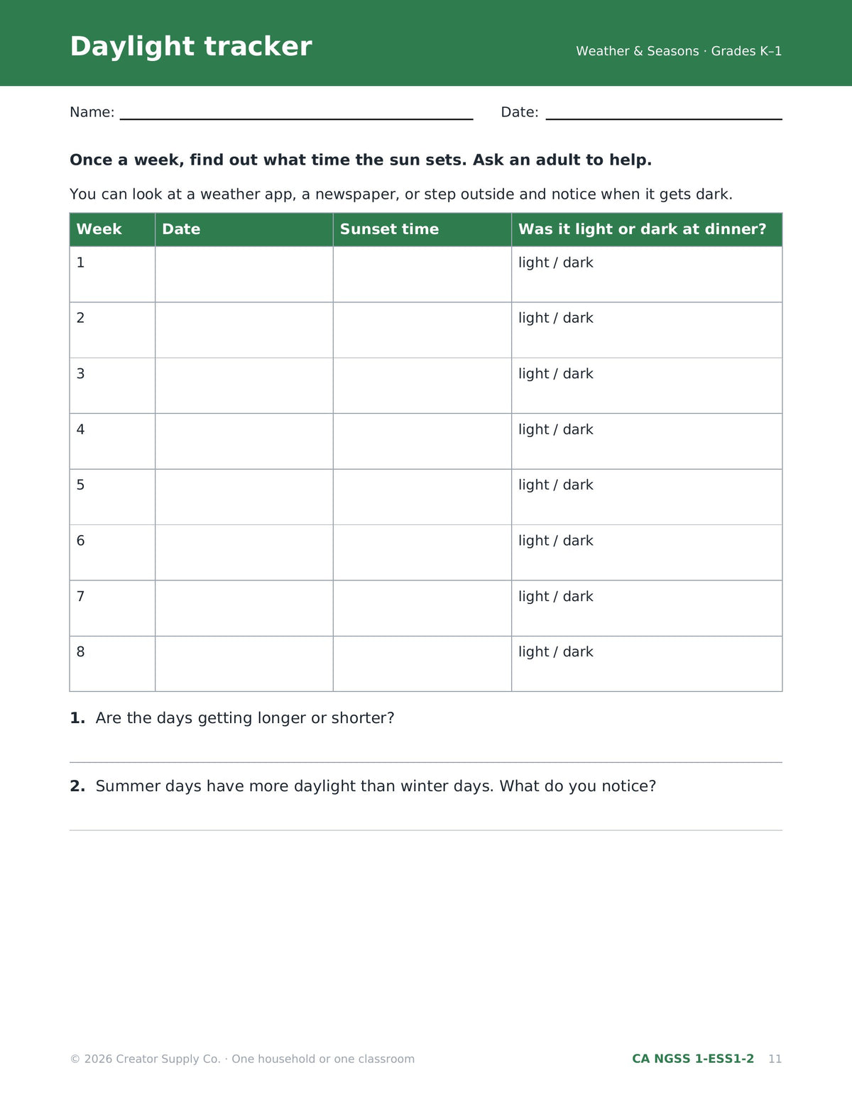 Daylight tracker worksheet to record weekly sunset times and compare day length across seasons (CA NGSS 1-ESS1-2)