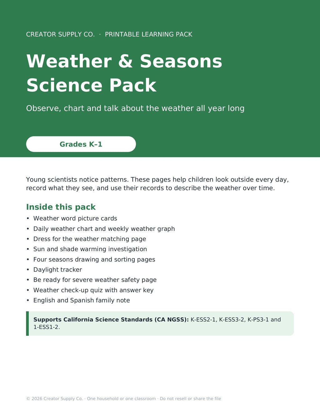 Weather & Seasons Science Pack (Grades K–1) – cover page of the printable PDF pack