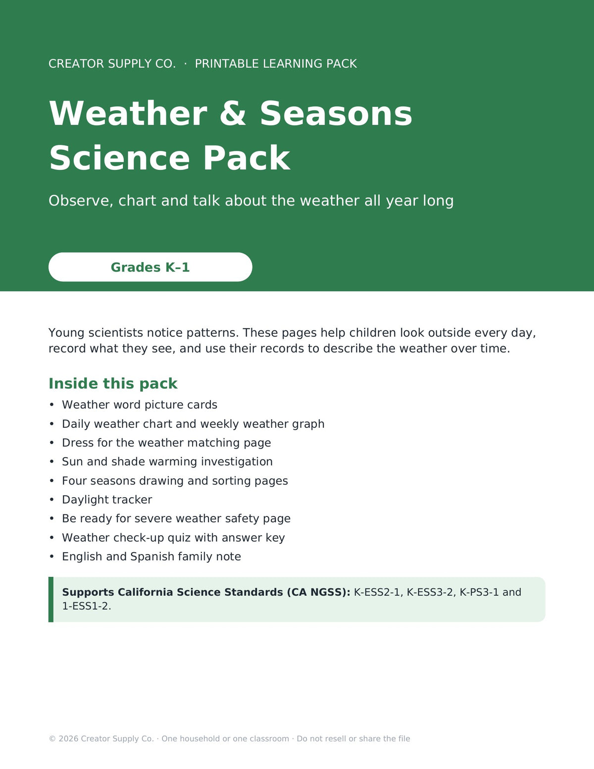 Weather & Seasons Science Pack (Grades K–1) – cover page of the printable PDF pack