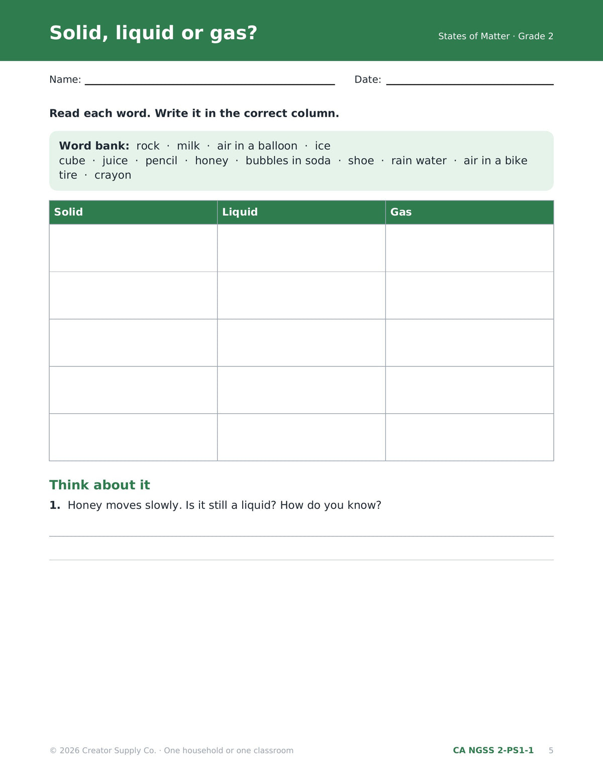Solid, liquid or gas sorting worksheet with word bank for grade 2 states of matter (CA NGSS 2-PS1-1)