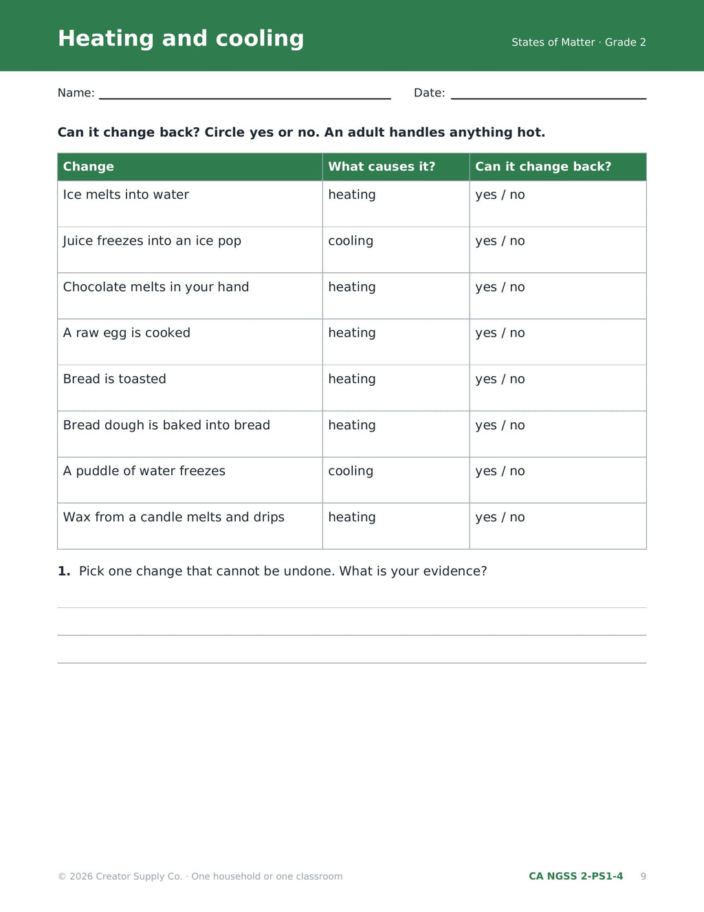 Heating and cooling worksheet: can the change be undone? Melting, freezing and baking examples (CA NGSS 2-PS1-4)