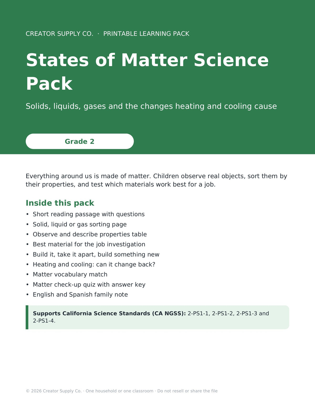 States of Matter Science Pack (Grade 2) – cover page of the printable PDF pack