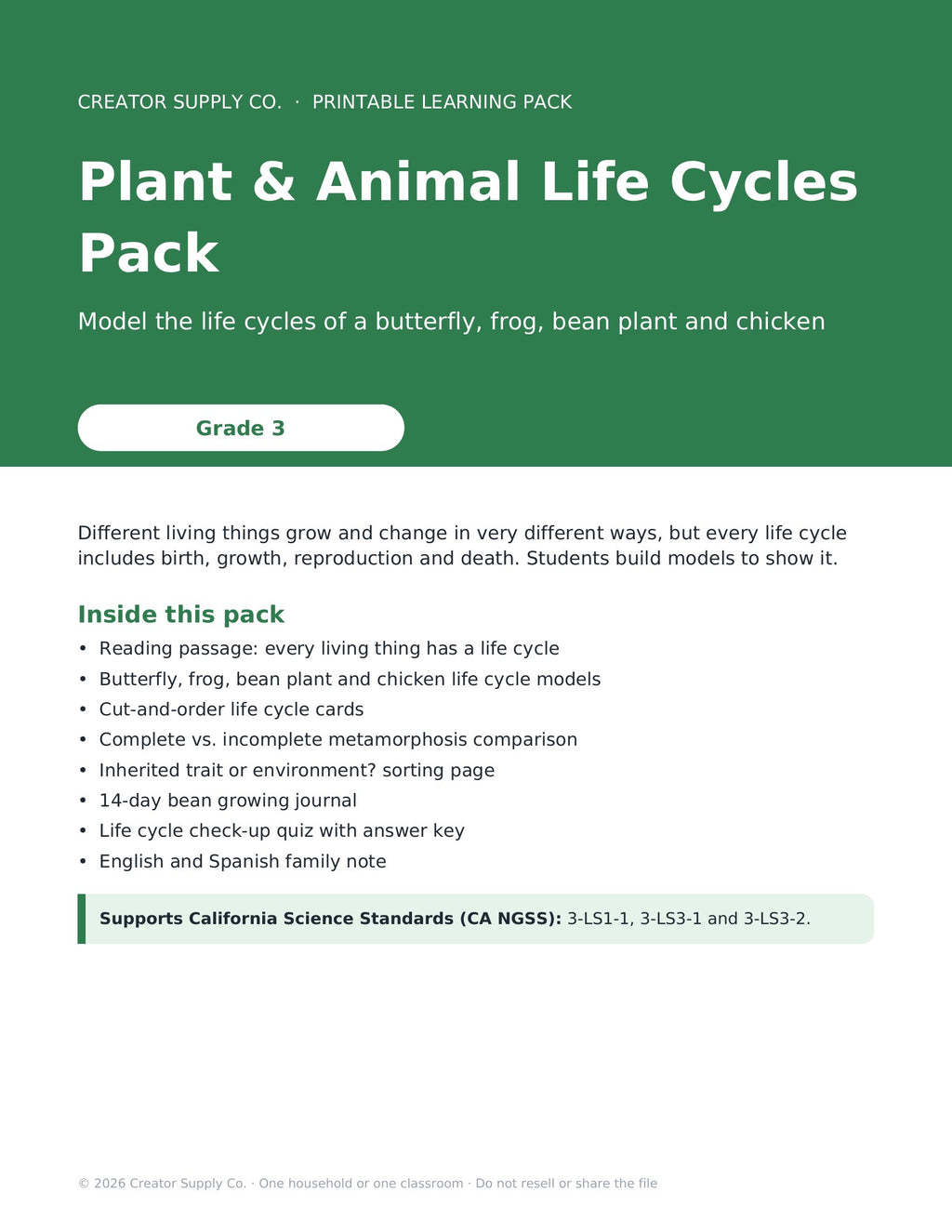 Plant & Animal Life Cycles Pack (Grade 3) – cover page of the printable PDF pack