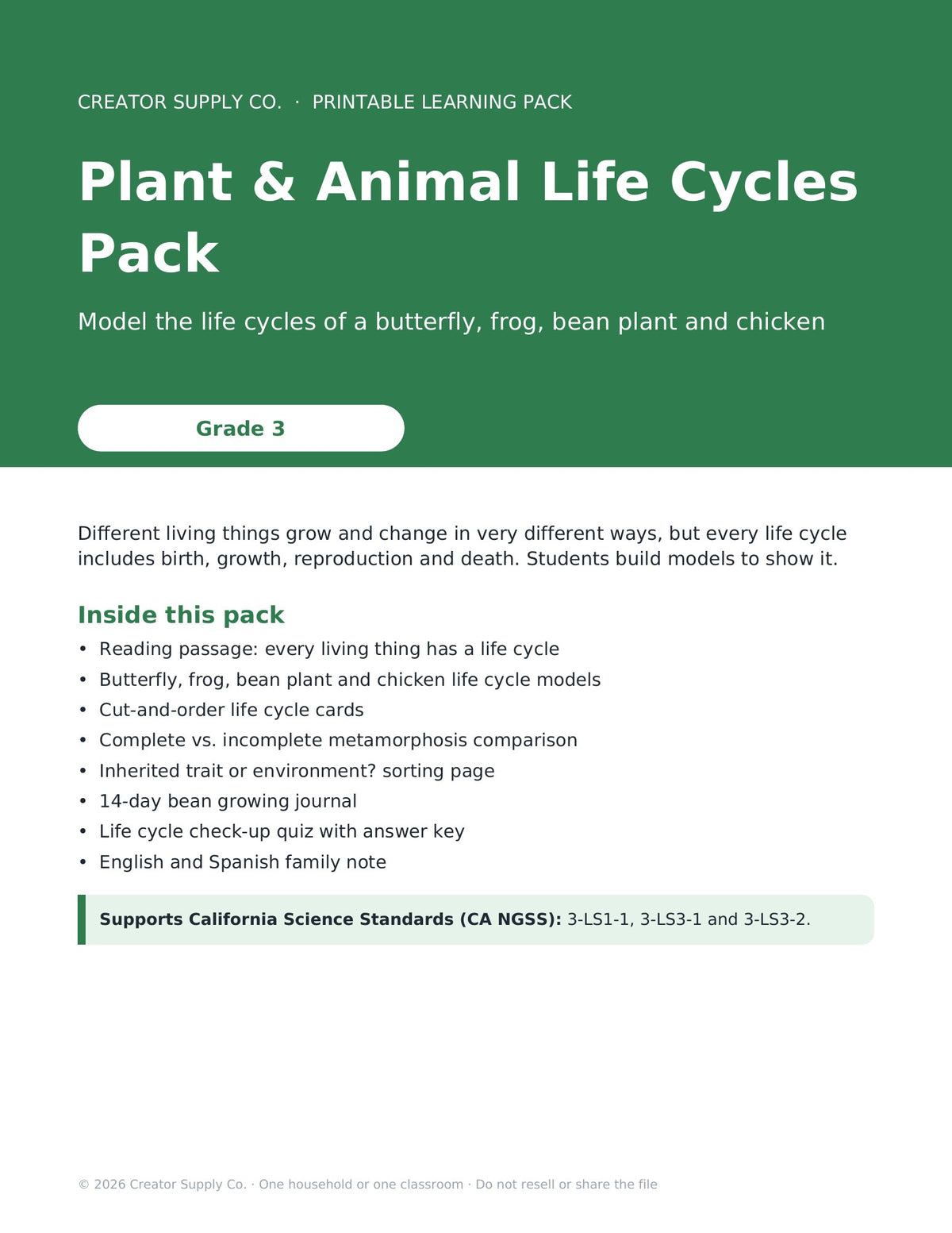 Plant & Animal Life Cycles Pack (Grade 3) – cover page of the printable PDF pack