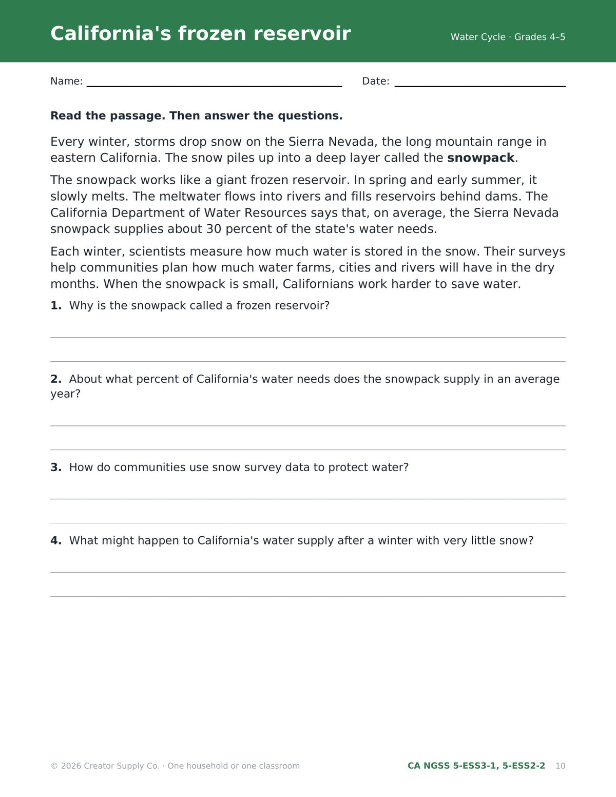 California's frozen reservoir reading passage about the Sierra Nevada snowpack with comprehension questions