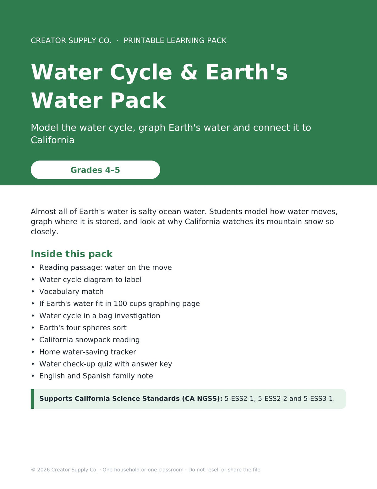 Water Cycle & Earth's Water Pack (Grades 4–5) – cover page of the printable PDF pack