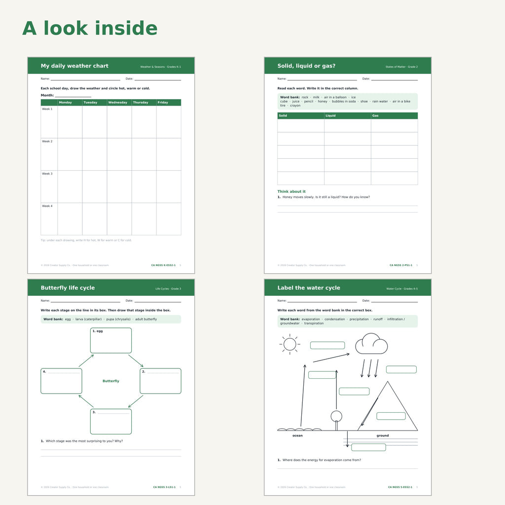 Sample pages: weather chart, solid liquid gas sort, butterfly life cycle, water cycle diagram