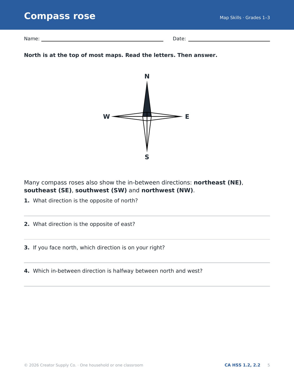 Compass rose worksheet on cardinal and in-between directions for grades 1-3 map skills (CA HSS 1.2, 2.2)