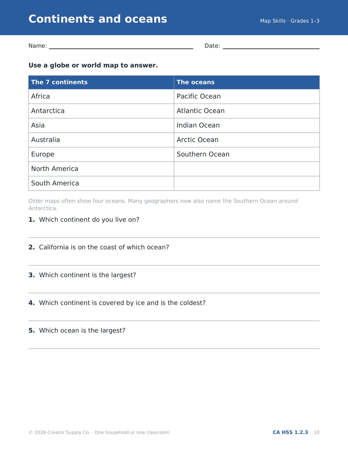 Continents and oceans worksheet with the 7 continents and 5 oceans and globe questions