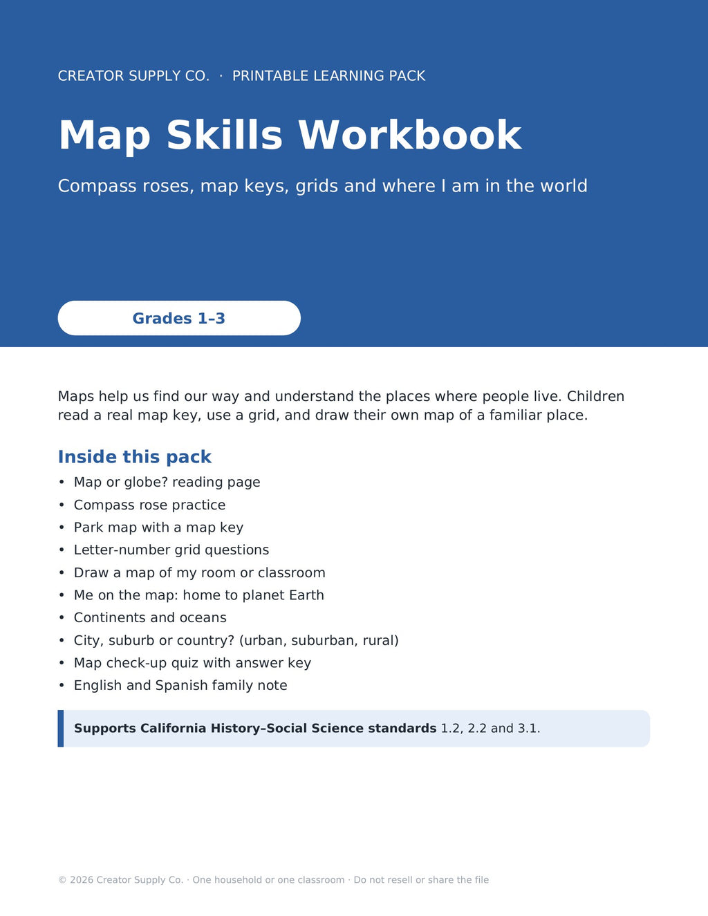 Map Skills Workbook (Grades 1–3) – cover page of the printable PDF pack