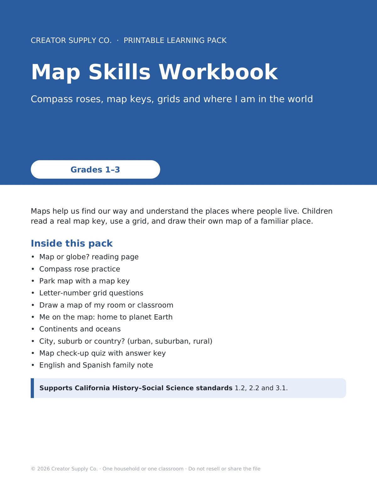 Map Skills Workbook (Grades 1–3) – cover page of the printable PDF pack
