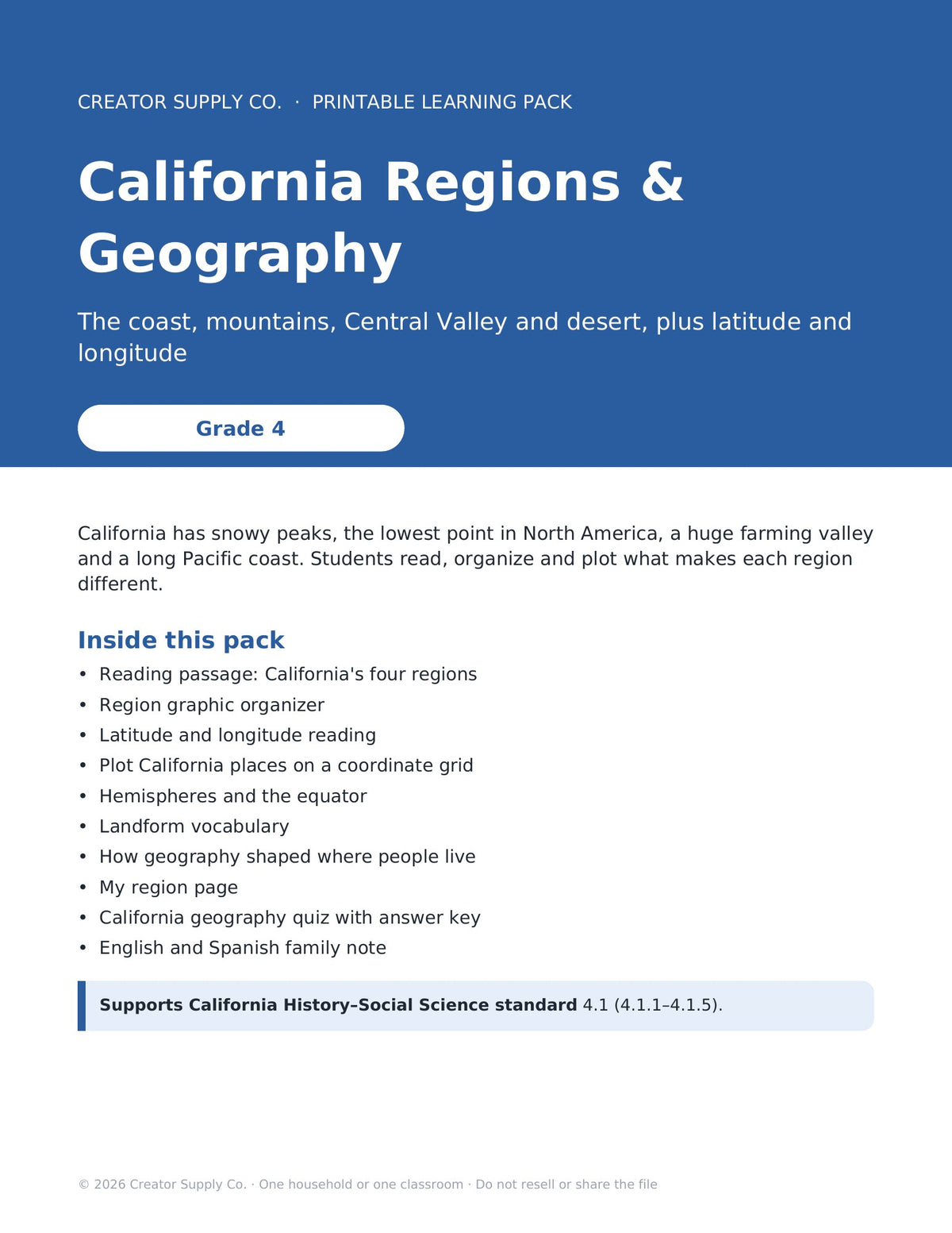 California Regions & Geography Pack (Grade 4) – cover page of the printable PDF pack