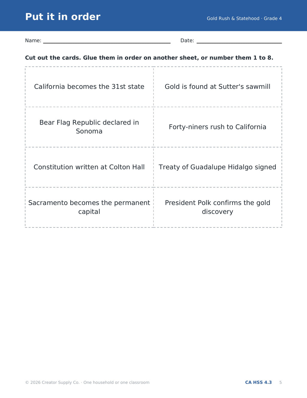 Gold Rush and statehood timeline cards to put in order, from the Bear Flag Republic to statehood, grade 4 (CA HSS 4.3)