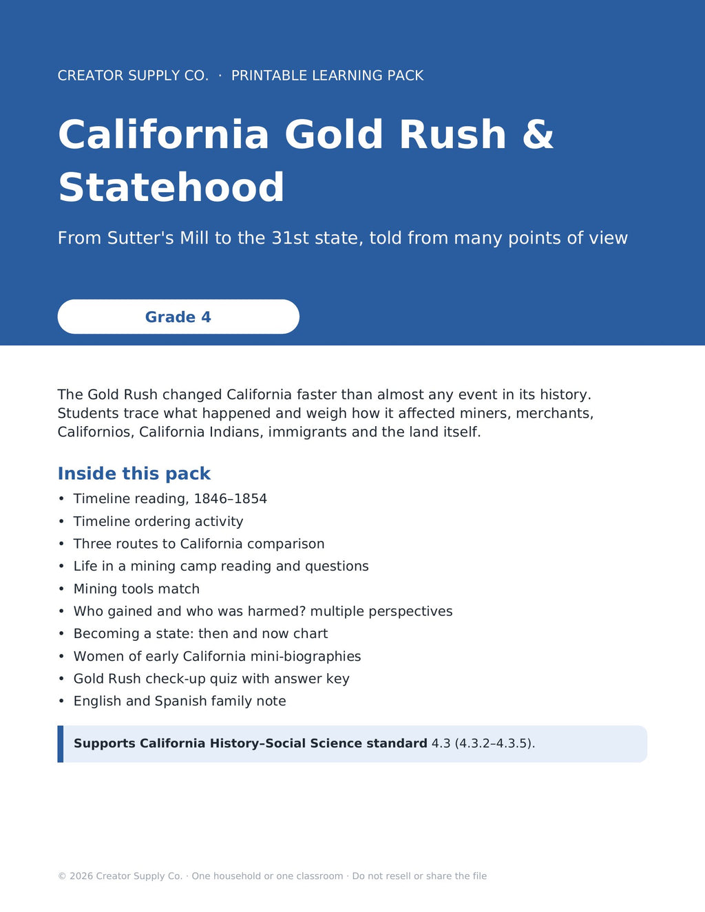 California Gold Rush & Statehood Pack (Grade 4) – cover page of the printable PDF pack
