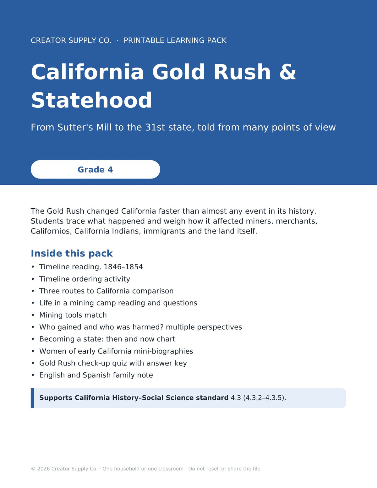 California Gold Rush & Statehood Pack (Grade 4) – cover page of the printable PDF pack