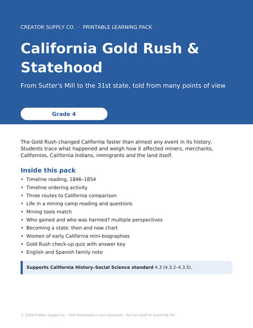 California Gold Rush & Statehood Pack (Grade 4) – cover page of the printable PDF pack