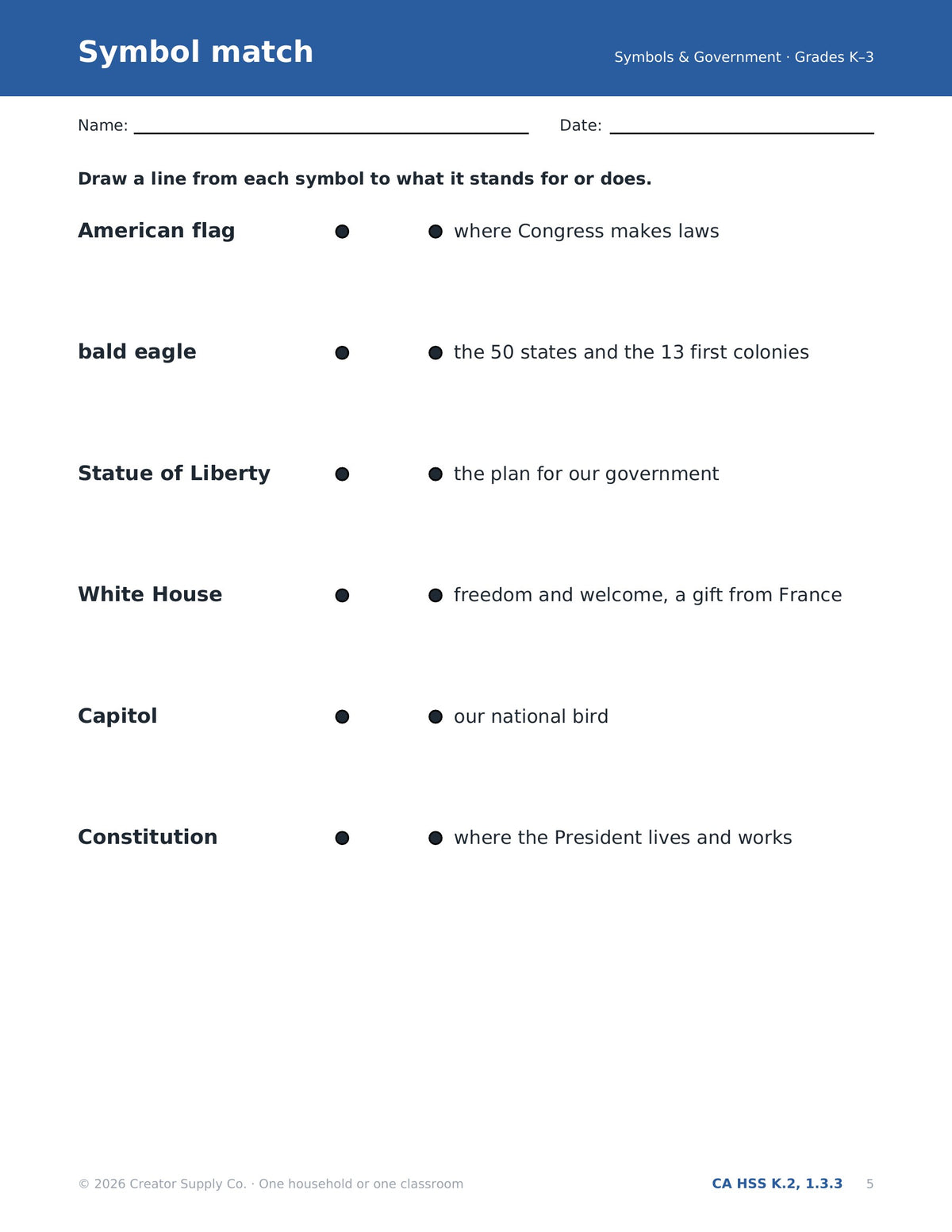 American symbols matching worksheet: flag, bald eagle, Statue of Liberty, White House, Capitol and Constitution