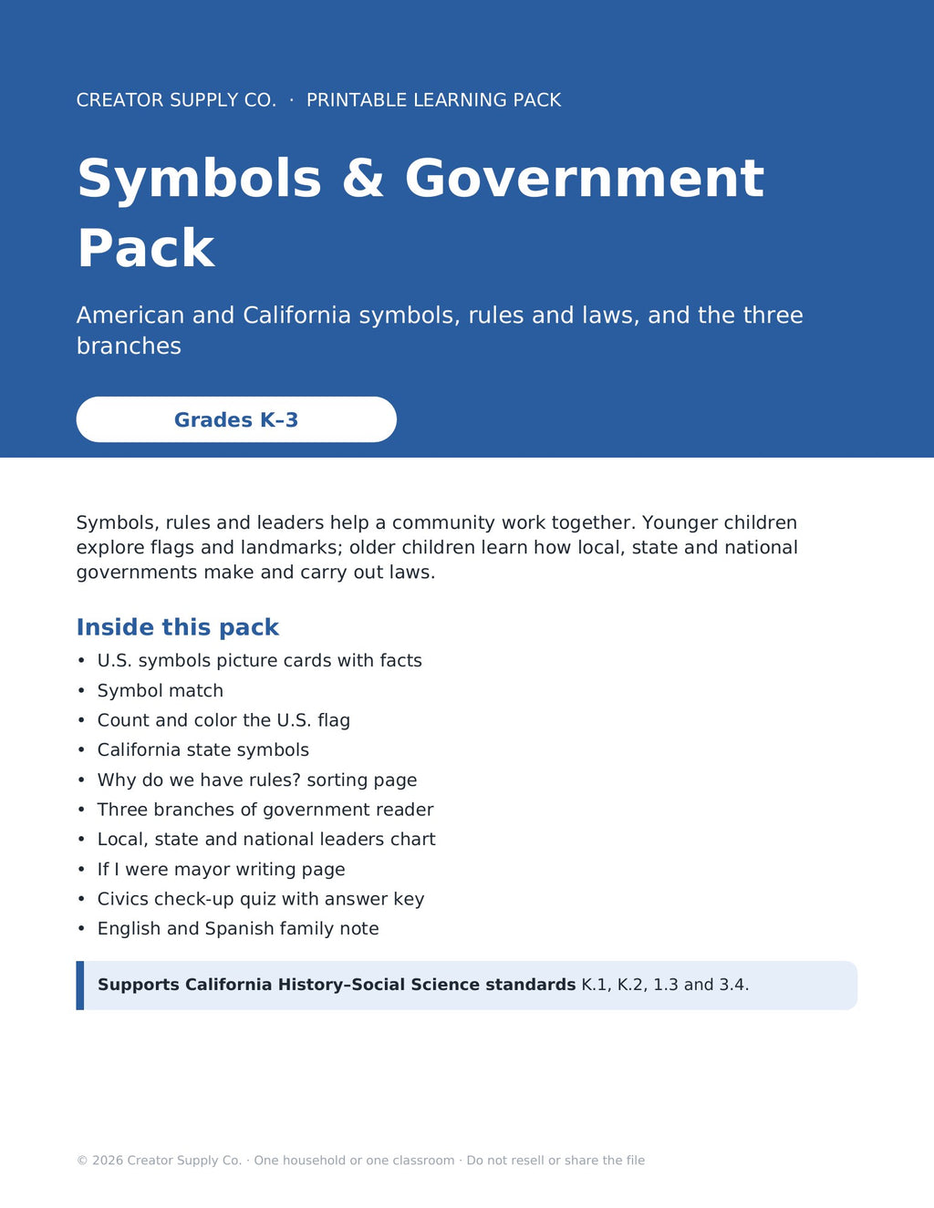 Symbols & Government Pack (Grades K–3) – cover page of the printable PDF pack