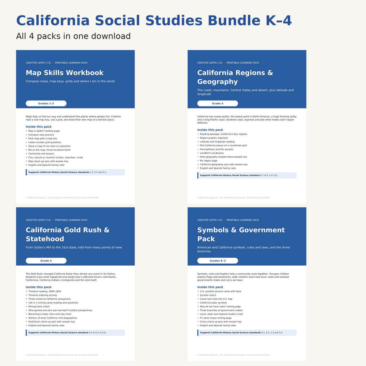 The 4 social studies packs in the California Social Studies Bundle