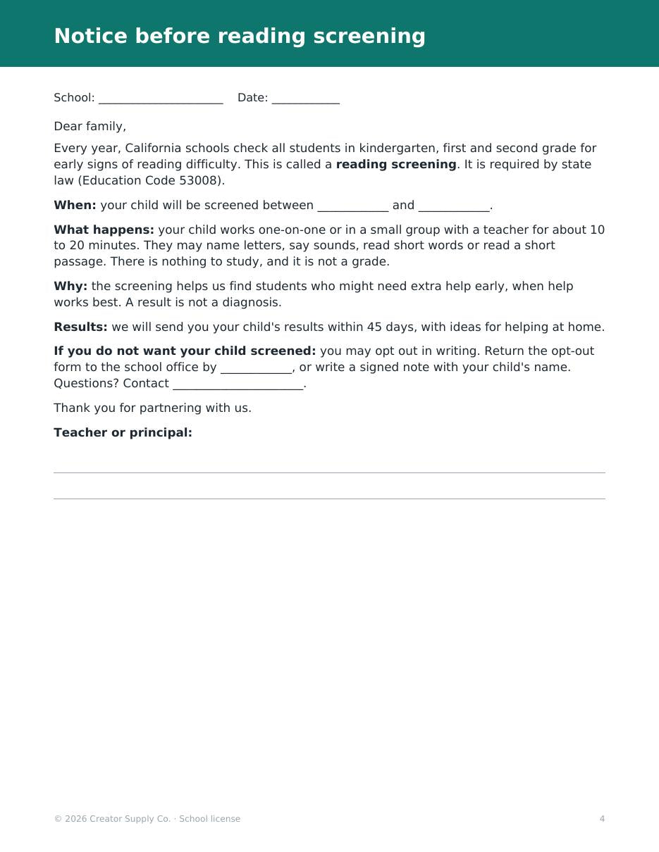 Sample page: bilingual notice before screening
