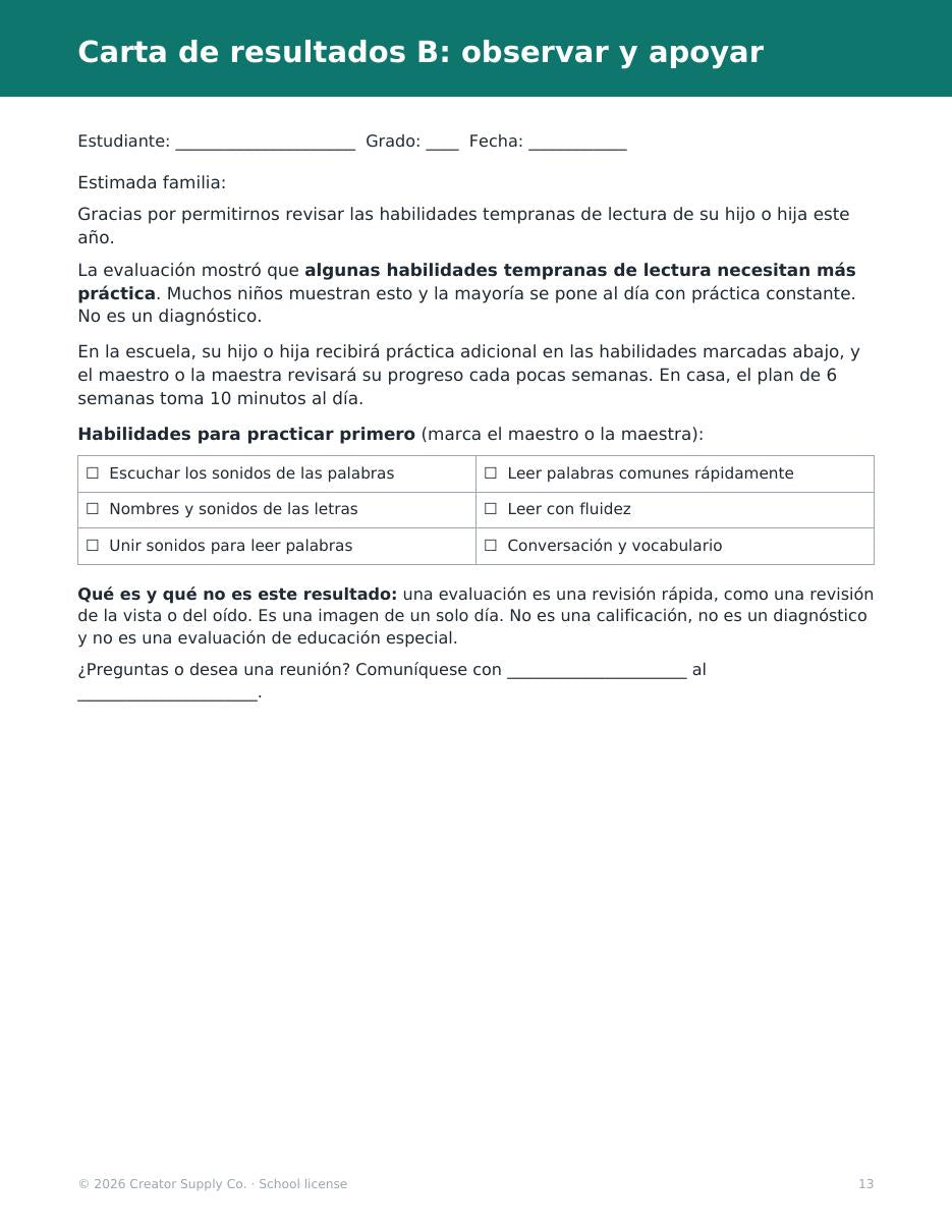 Sample page: Spanish results letter