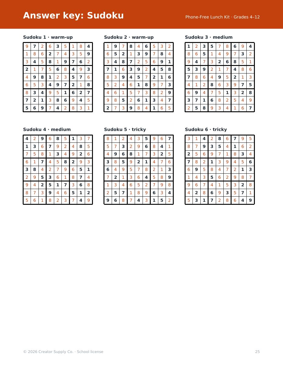 Sample page: answer keys for every Sudoku