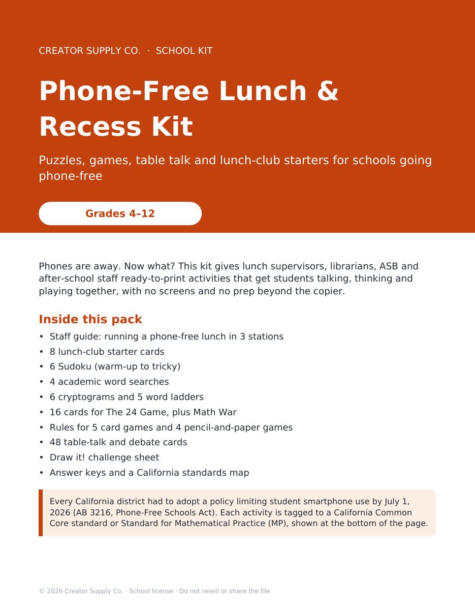 Phone-Free Lunch & Recess Kit – cover page