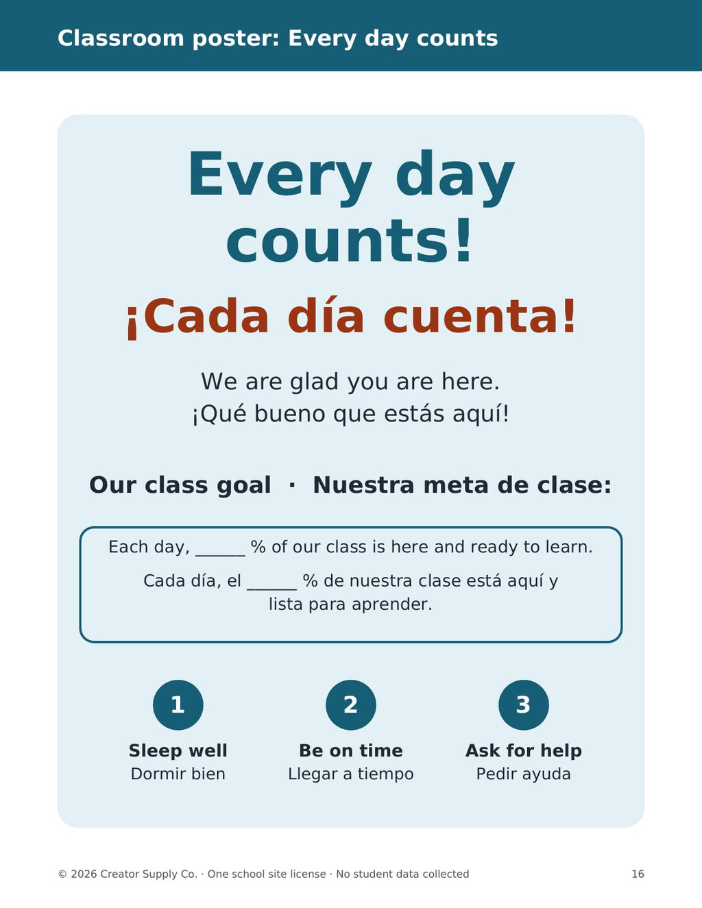 Bilingual Every Day Counts classroom attendance-goal poster from the kit