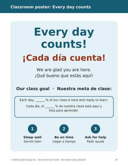 Bilingual Every Day Counts classroom attendance-goal poster from the kit