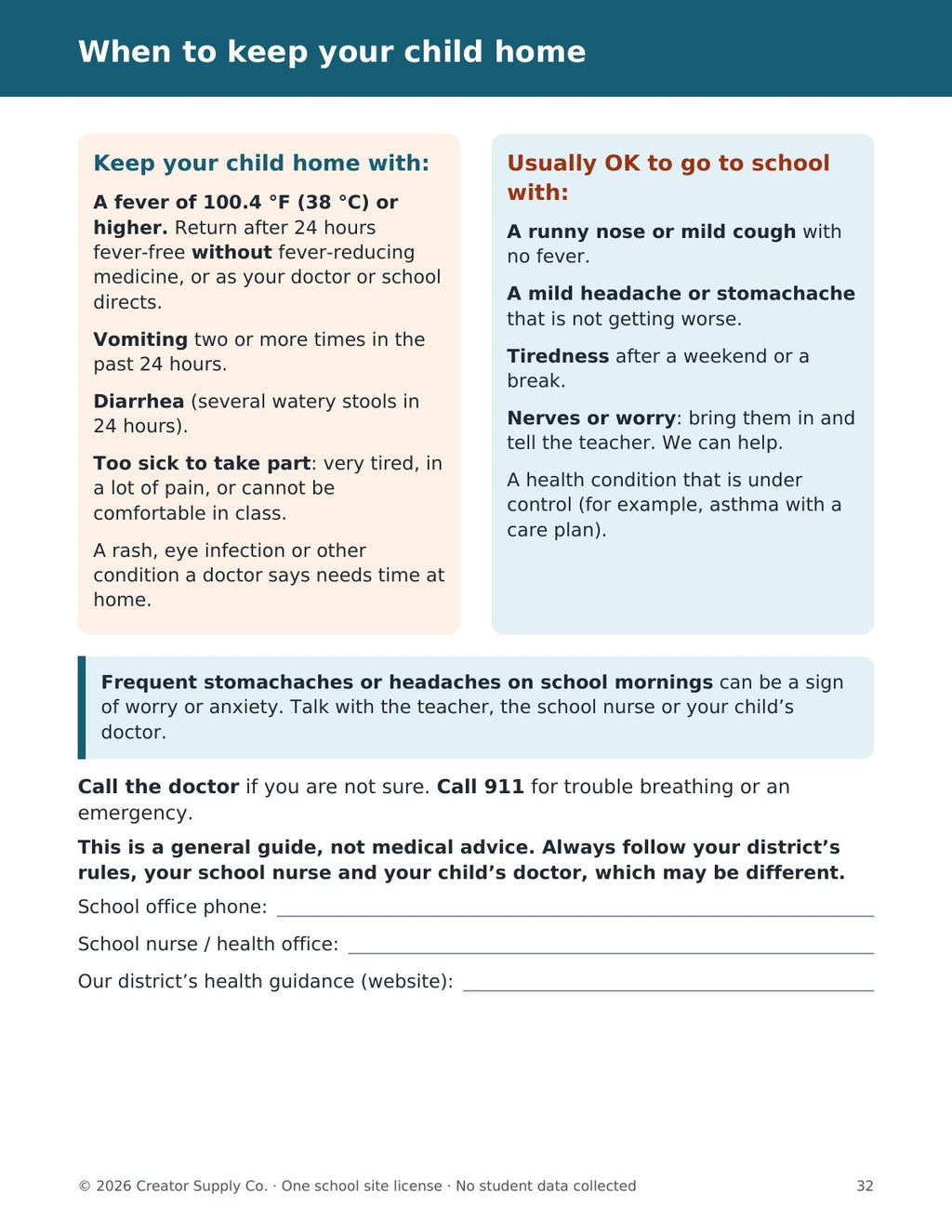 When to keep your child home guide page from the attendance kit