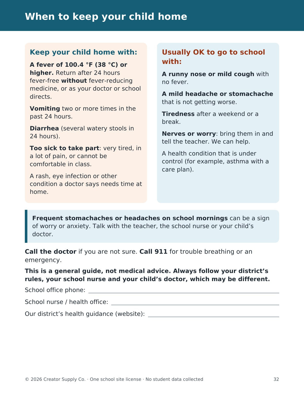 When to keep your child home guide page from the attendance kit