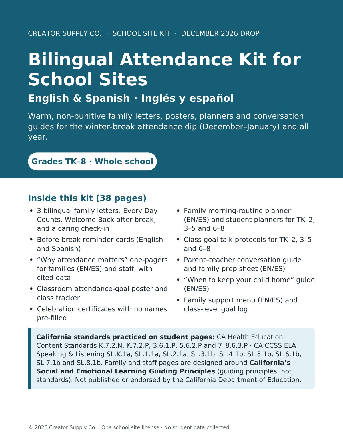 Bilingual Attendance Kit for School Sites – cover page of the printable PDF