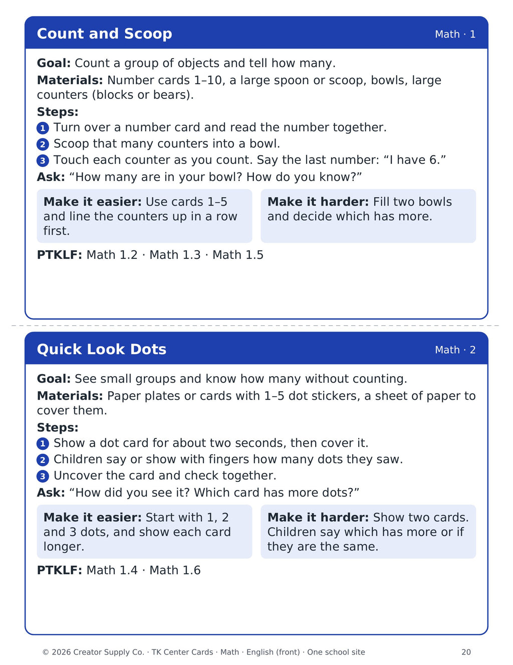 Sample English math center cards with goal, materials, steps and prompts
