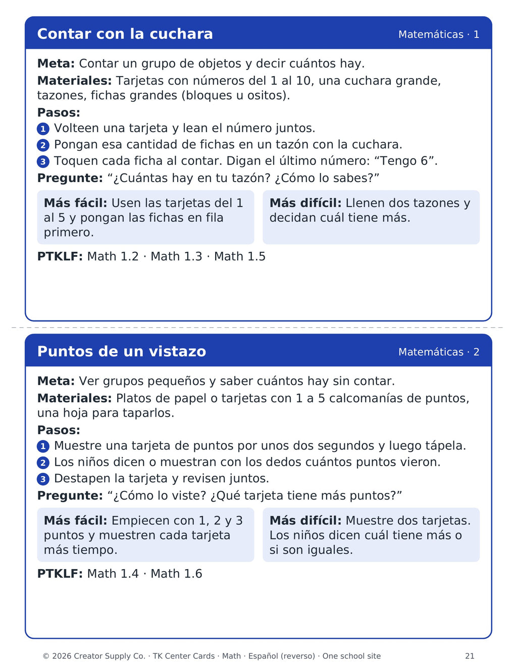 Matching Spanish math center cards printed on the back