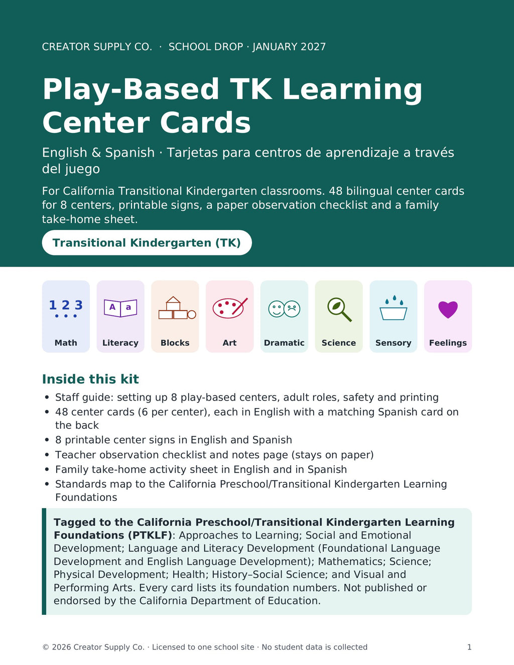 Play-Based TK Learning Center Cards – cover page of the printable PDF