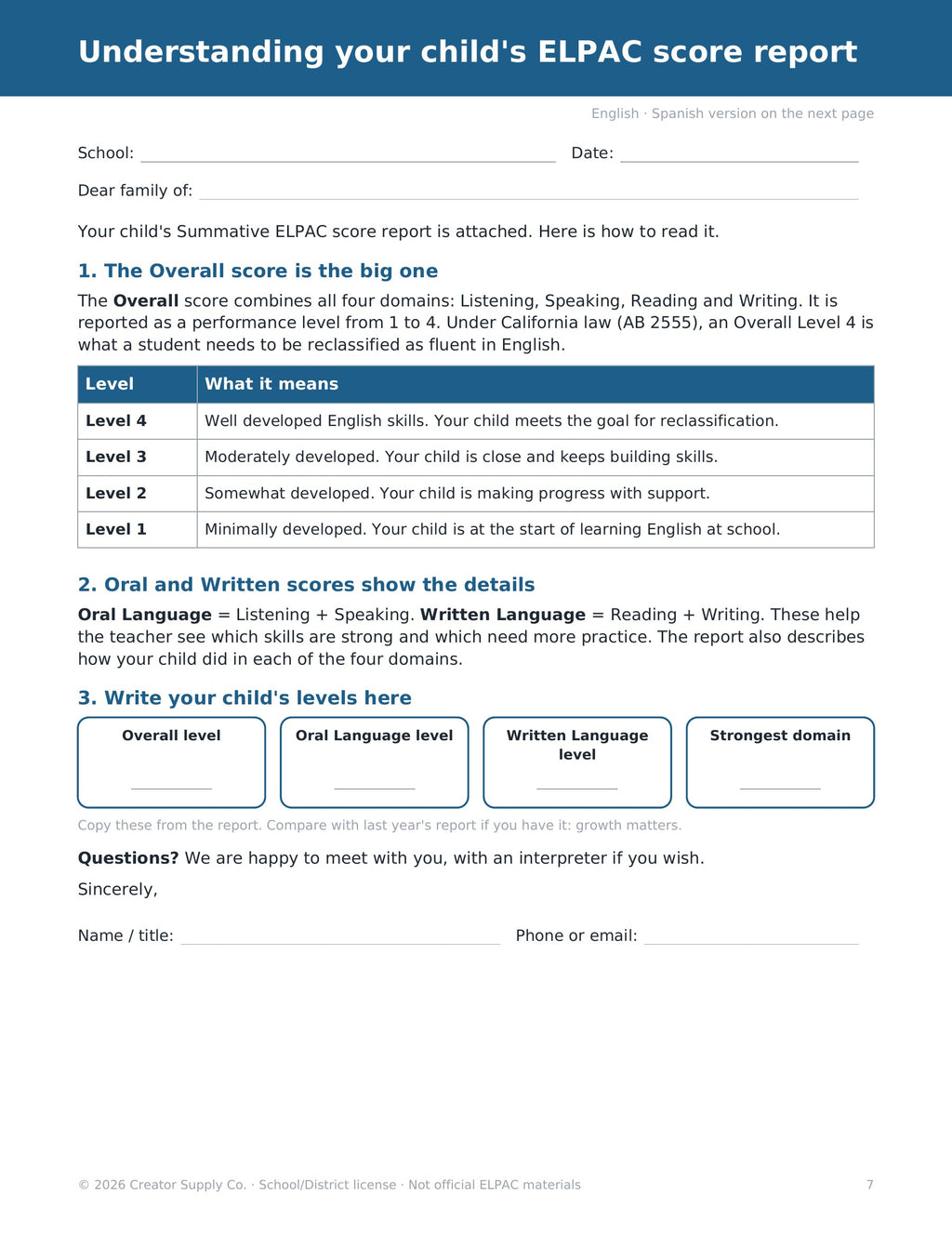 Family letter: Understanding your child's ELPAC score report, with levels 1-4 explained and the AB 2555 Overall Level 4 rule
