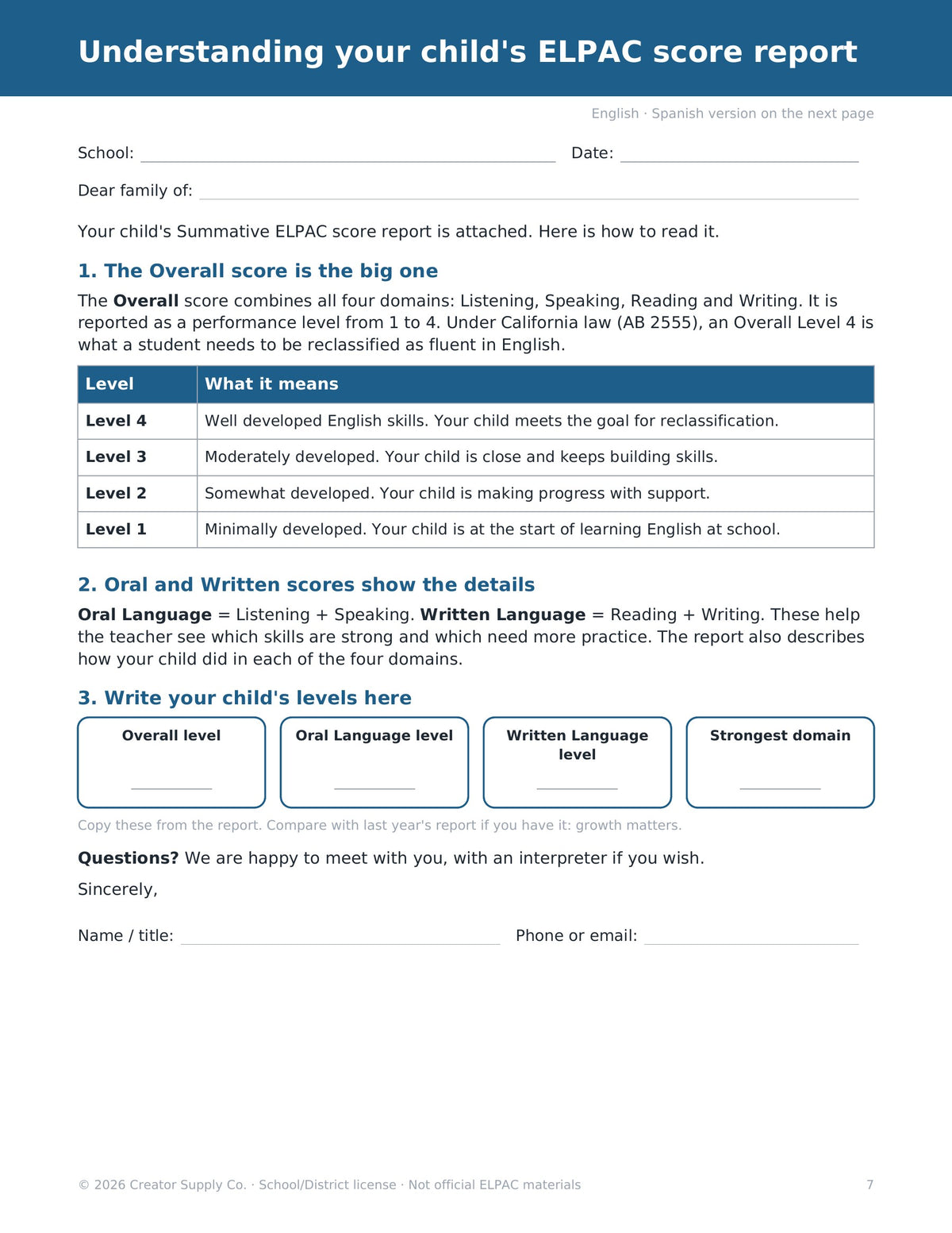 Family letter: Understanding your child's ELPAC score report, with levels 1-4 explained and the AB 2555 Overall Level 4 rule