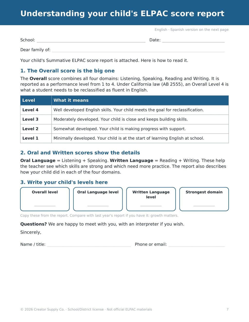 Sample page from the ELPAC Results & Reclassification Family Kit, included in the California English Learner Bundle