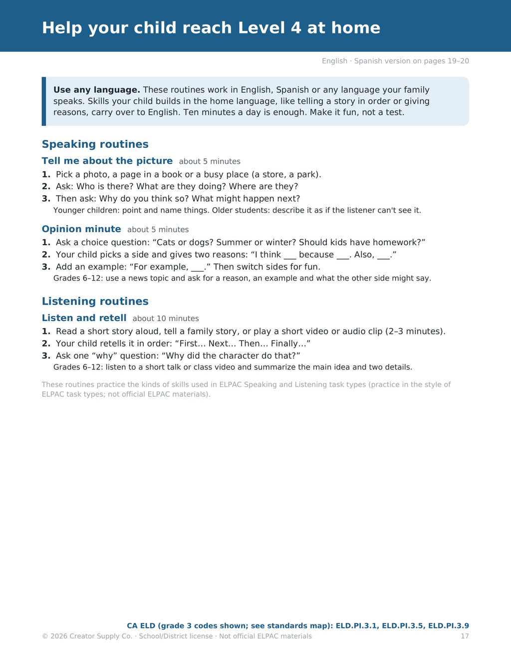 Help your child reach Level 4 at home: 10-minute speaking and listening routines in any home language