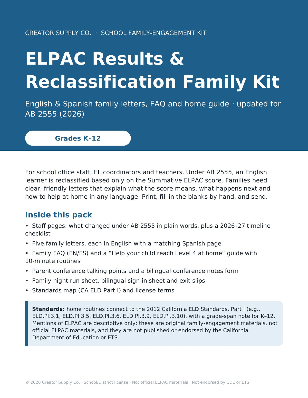 ELPAC Results & Reclassification Family Kit (English & Spanish), updated for AB 2555 - cover