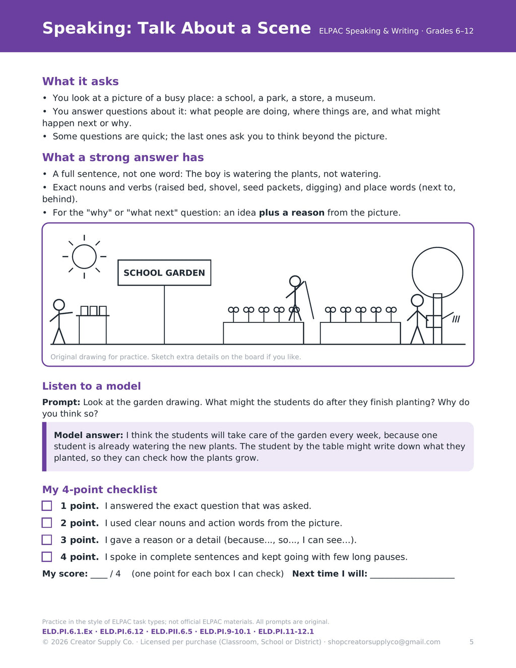 ELPAC-style Talk About a Scene speaking page for grades 6-12 with model answer and 4-point checklist