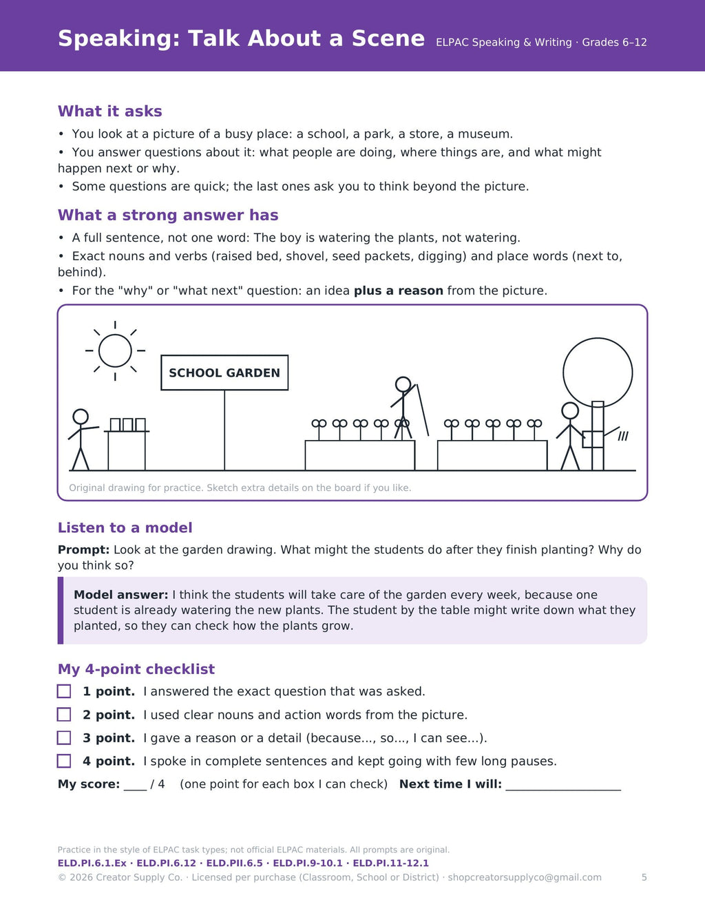 Sample page from ELPAC Speaking & Writing Daily Routines (Grades 6–12), included in the bundle