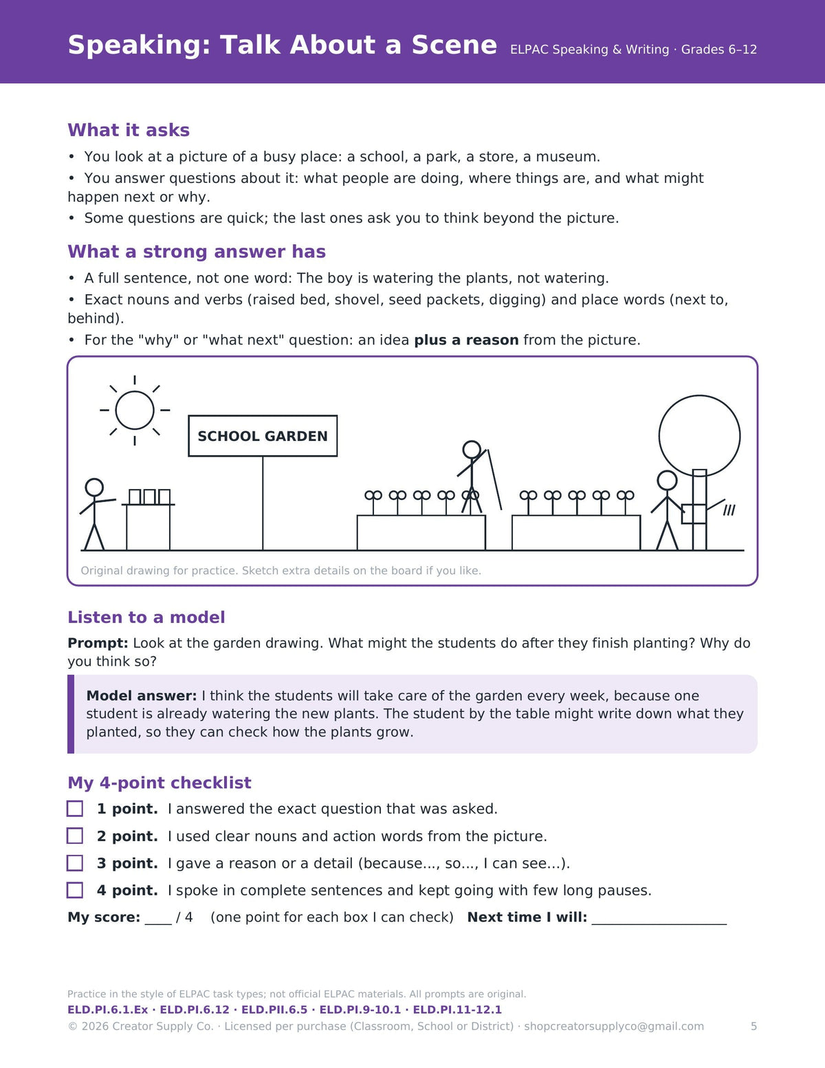 Sample page from ELPAC Speaking & Writing Daily Routines (Grades 6–12), included in the bundle