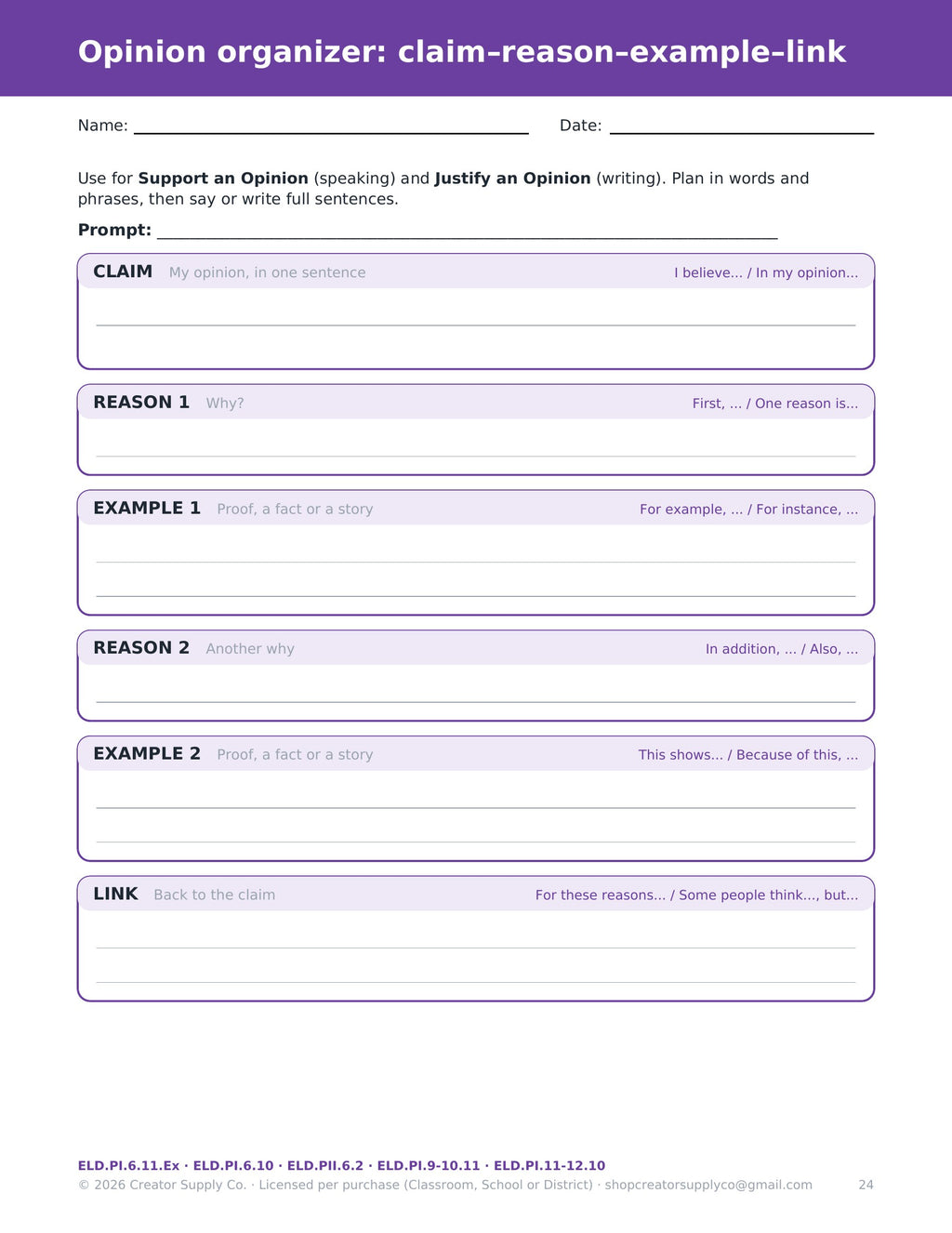 Opinion organizer with claim, reasons, examples and link sentence frames for ELPAC speaking and writing